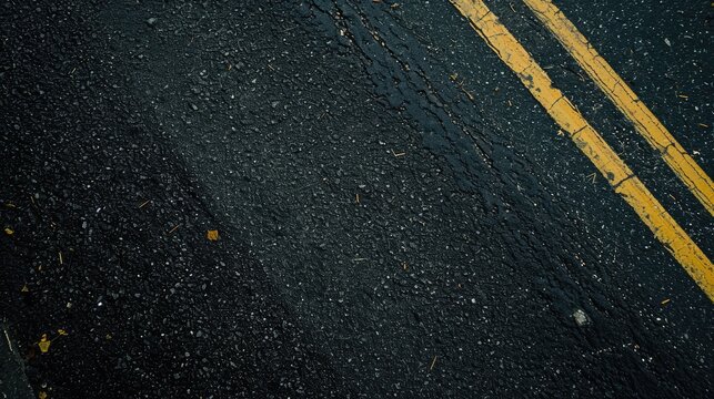 Image of dark asphalt road with yellow line from top view. Ffull frame textured background of black asphalt. Detail of yellow line on black asphalt painted.