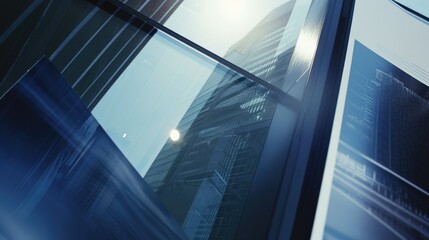 Obraz premium Image of a modern glass skyscraper reflecting the blue sky. Refection of contemporer buildings on a skyscraper facade.