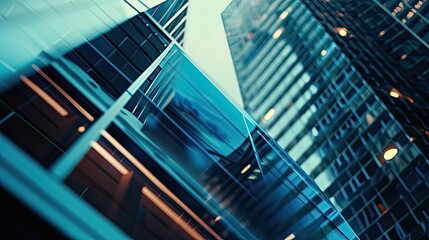 Image of a modern glass skyscraper reflecting the blue sky. Refection of contemporer buildings on a...