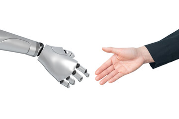 Ai hand with human hand trying to making handshake to each others isolated on white background.