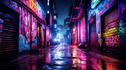 A rain-soaked alleyway glowing with neon graffiti  AI generated - obrazy, fototapety, plakaty