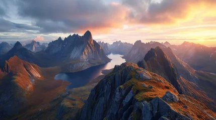  Stunning panorama of towering mountains with calm lakes under the warm light of the rising sun in the morning © boxstock production