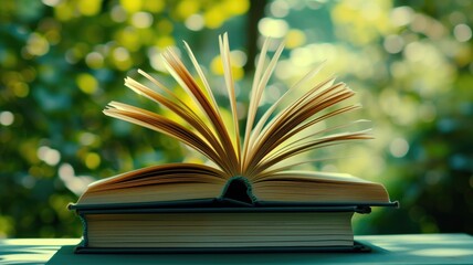 Open book with pages fluttering in natural light, bokeh background