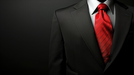 Close-up of a suit and red striped tie in dim light
