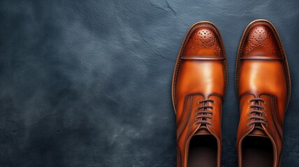 Pair of brown leather brogues on a dark textured background