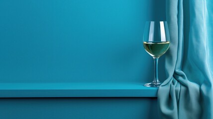 A glass of white wine on a shelf against a blue draped background