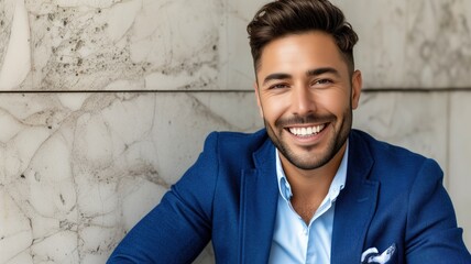 Obraz premium A smiling man wearing a blue blazer over a light blue shirt, against a marble background