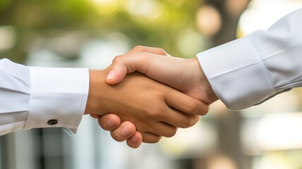 Two individuals shaking hands outdoors, in focus handshake