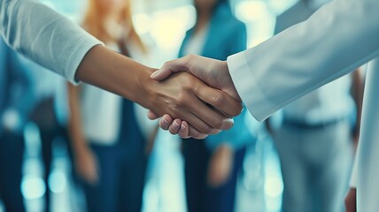 Two professionals shaking hands in an office setting
