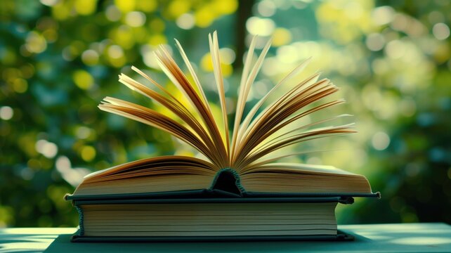 Open book with pages fluttering in natural light, bokeh background