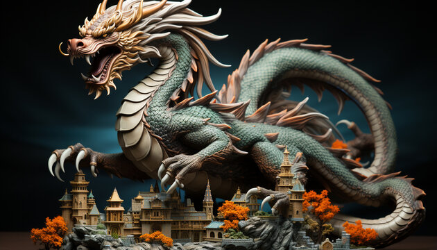 Dragon, animal, religion, fantasy, reptile, cultures, decoration, statue, sculpture, mythology generated by AI