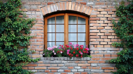 Fototapeta na wymiar Beautiful window with flowers and curtain for background. Colorful flowers on window glass and attractive brickwall.