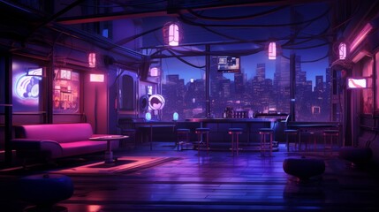 A serene and empty scene filled with the various shades of purple illuminated by blue line neon lamps in the background  AI generated