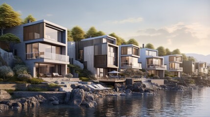 A serene coastal village with modern architecture  AI generated