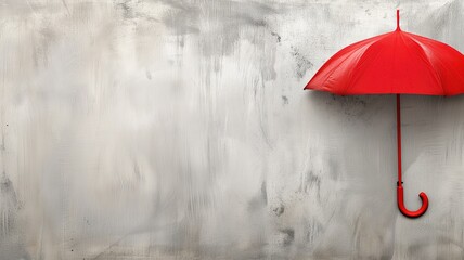 A single red umbrella against a textured gray background with ample space