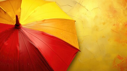 Bright yellow and red umbrella against a textured yellow wall