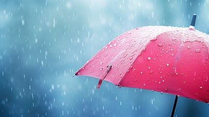 A pink umbrella with raindrops against a blurred blue rainy background