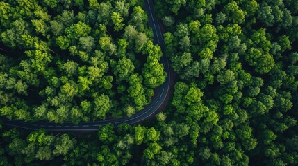 Beautiful dense pine woods and curvy highway road from aerial view.