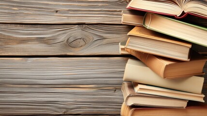 Pile of aged books on a rustic wooden table - obrazy, fototapety, plakaty