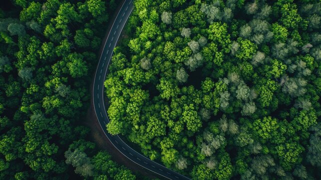 Beautiful dense pine woods and curvy highway road from aerial view.