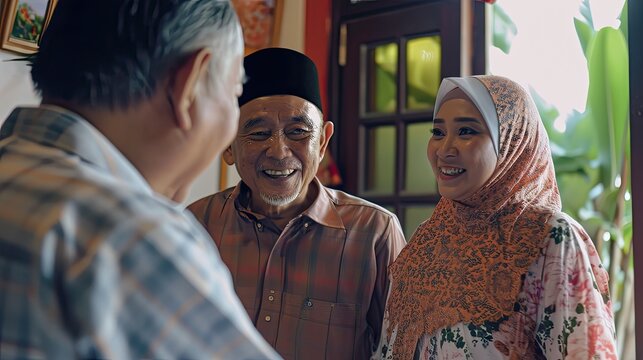 Moslem family and relatives greeting and welcoming guests outside in happy and smile. An event of Ramadan and Eid Al Fitr in moslem family to celebrate big day together.
