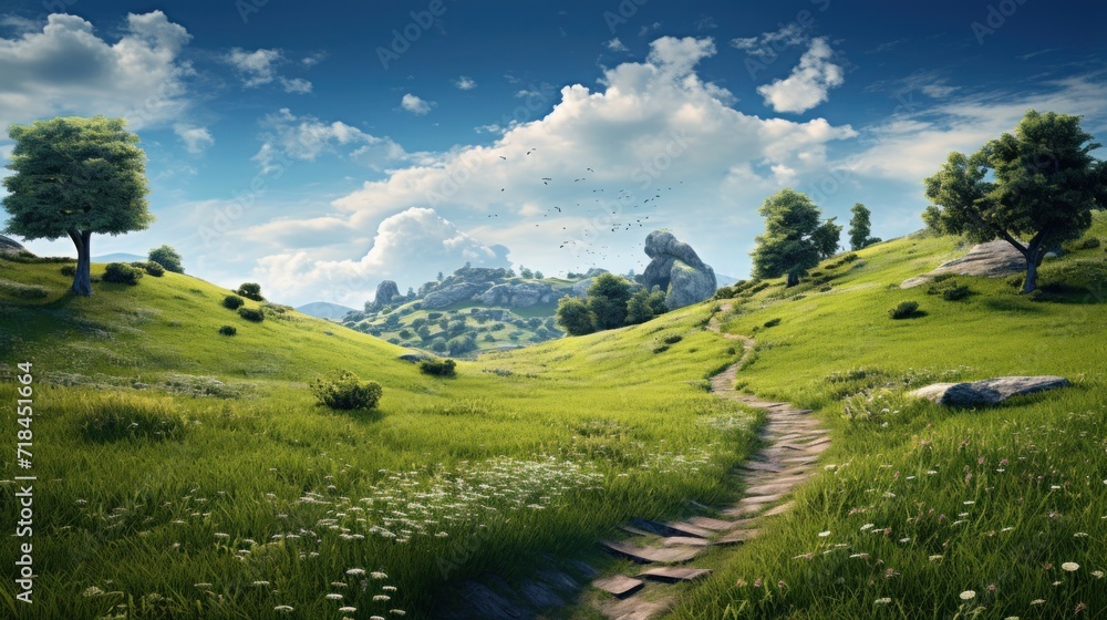 Poster a serene meadow with a winding path ai generated
