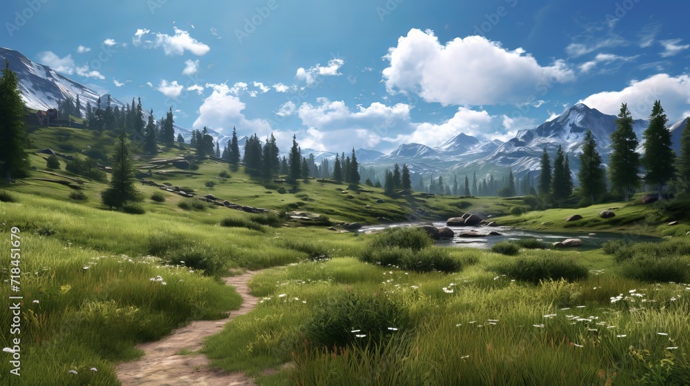 Poster a serene meadow with a winding path ai generated