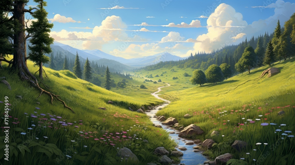 Poster a serene meadow with a winding path ai generated