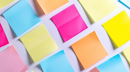 Stacked colored sticky notes on a white background.