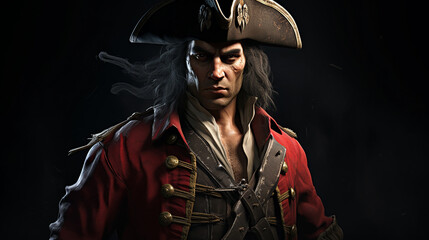 pirate captain dressed in stylish pirate outfit with tricorn hat, a hook hand and cutlass at the hip