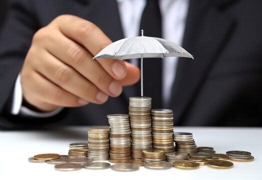 A person is stacking coins on a black Background with a mini umbrella above him