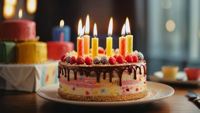 Birthday cake with candles. Generative AI Video. High quality ProRes HQ 59.94 fps in 4K 16:9.