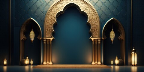A blue room with luxurious gold carvings. generative AI - obrazy, fototapety, plakaty