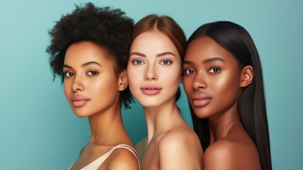 Three women with diverse skin tones, clean background