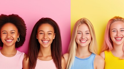 Four young women smiling, half faces, vibrant backgrounds