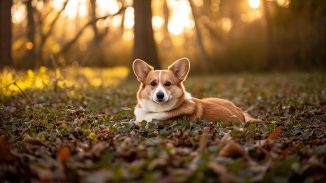 A corgi lying in the autumn leaves at sunset