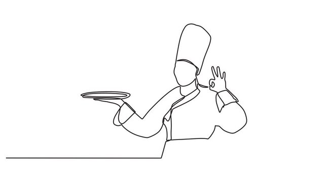 Continuous one line animation. Hand drawn animated motion graphic element of chef cooking or baking, toque chef hat isolated on white background. chef holding empty round plate with place for food. 4k