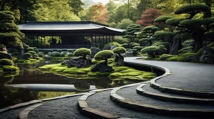 A clean and beautiful garden with Japanese style. generative AI