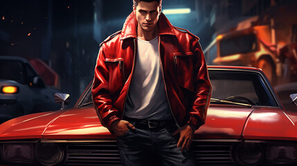 street racer in a trendy racing jacket and jeans, leaning against a stylized street racing car