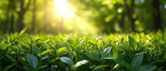 Obraz premium Spring summer background with frame of grass and leaves on nature. Juicy lush green grass on meadow in morning sunny light outdoors, copy space, soft focus, defocus background..