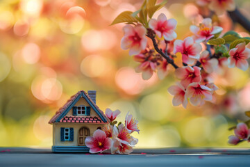 Mini toy house and cherry flowers. house on spring nature background. 