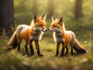 a couple of foxes standing next to each other in a forest fox