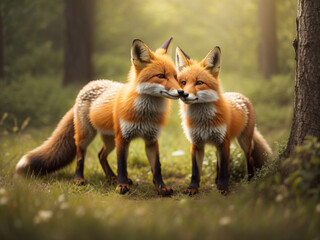 a couple of foxes standing next to each other in a forest fox