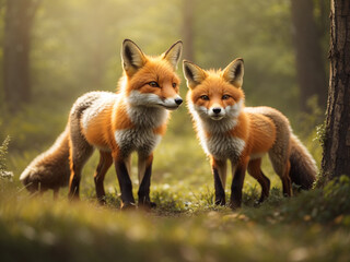 Naklejka premium a couple of foxes standing next to each other in a forest fox