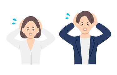 頭を抱えて困るポーズをするビジネスパーソン男女のセット【人物ベクターイラスト素材】