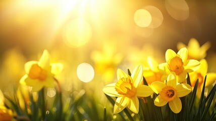 Sunlit daffodils with a soft-focus background - obrazy, fototapety, plakaty
