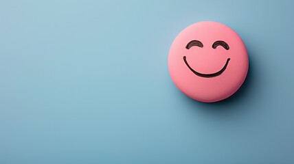 A pink smiling ball with a drawn face on a blue background - obrazy, fototapety, plakaty