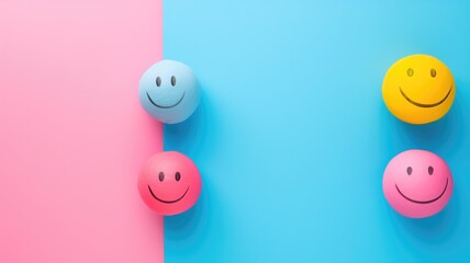 Colorful smiling balls on split pink and blue background