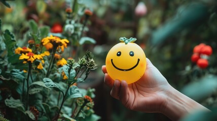 Hand holding a yellow smiling ball in a lush garden