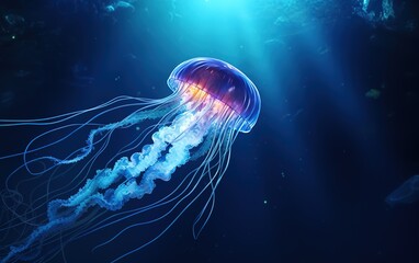 A jellyfish swimming in the ocean. generative AI - obrazy, fototapety, plakaty